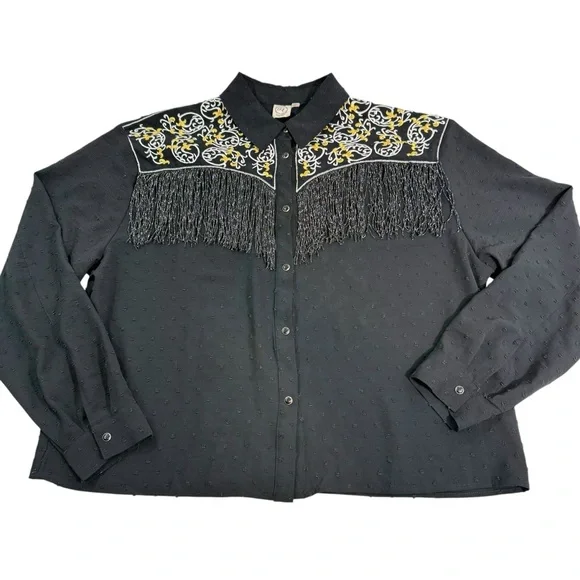 G&E Grace & Emma Women's Western Shirt LS Black Fringe Swiss Dot Embroidered 3X - Picture 3 of 10
